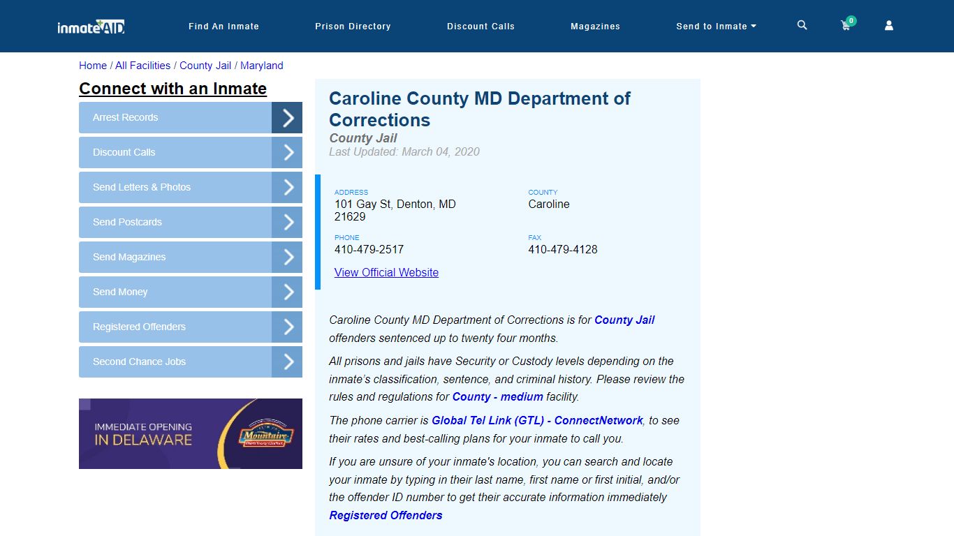 Caroline County MD Department of Corrections - Inmate Locator